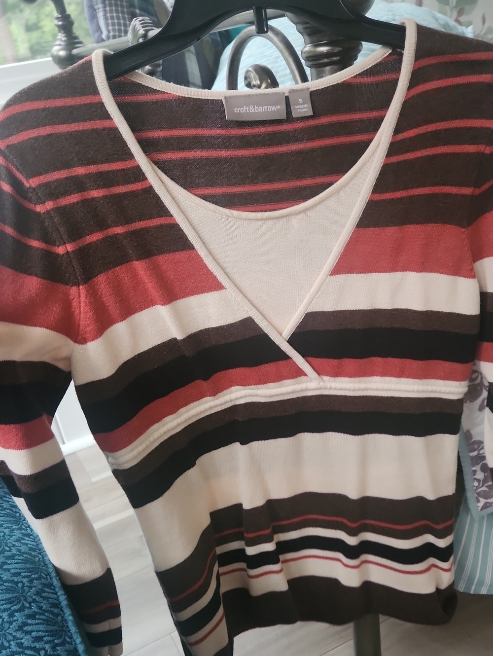 Croft & Barrow Striped V‑Neck Sweater in Rust,  Brown & Cream